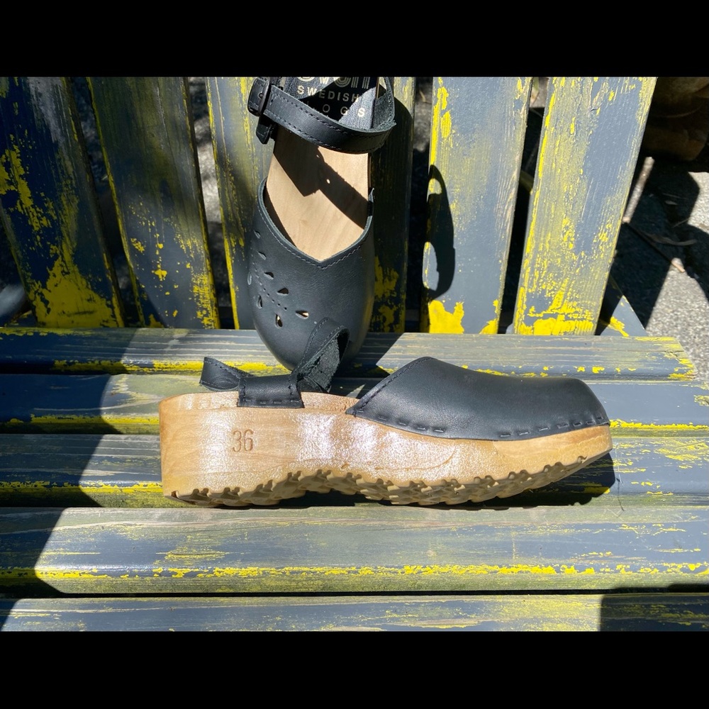 Gorgeous Black Sven wedge heeled Mary Jane clogs